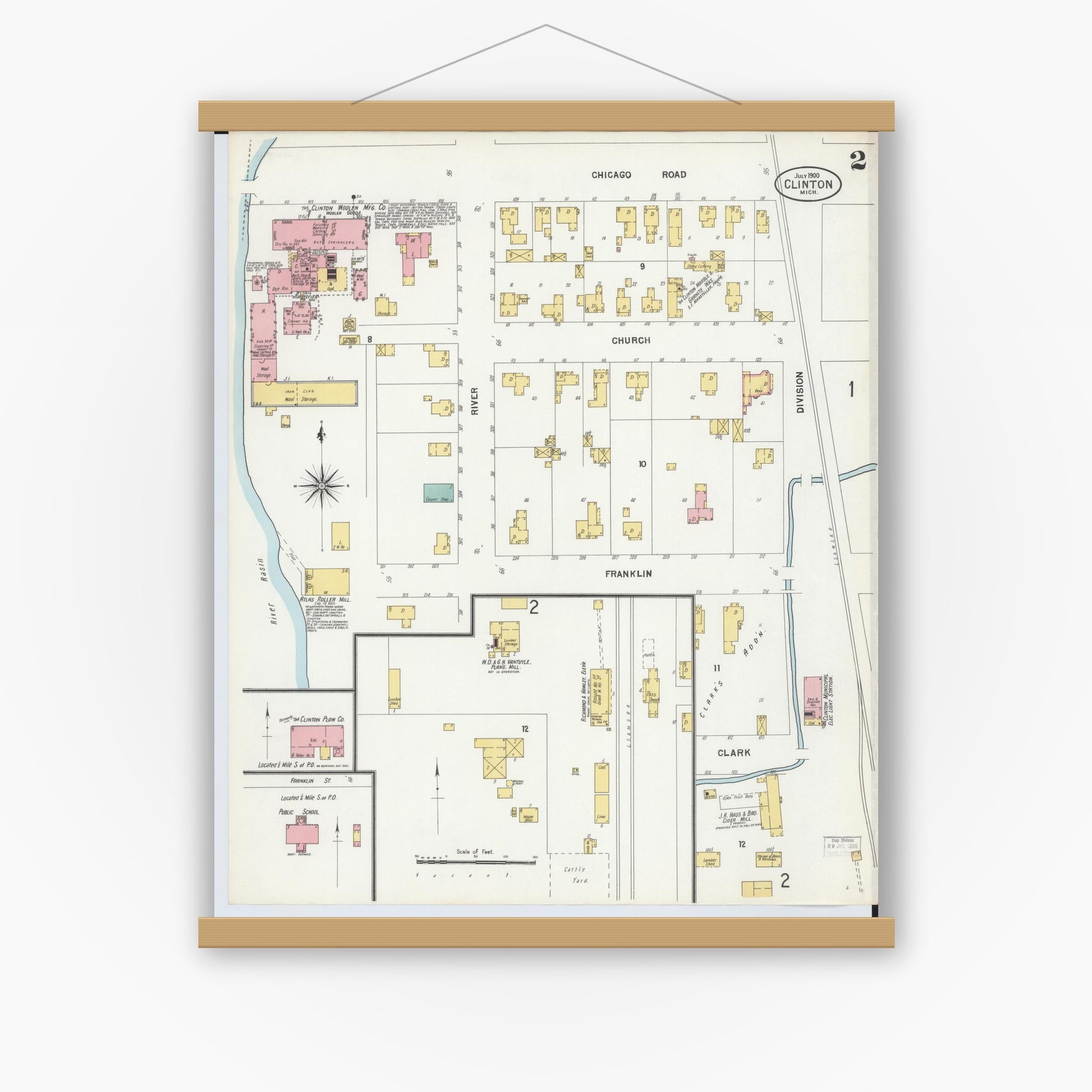 Old map wall art mockup — magnetic wood frame on white wall — Sanborn Fire Insurance Map from Clinton, Lenawee County, Michigan (1900), Sheet #0002