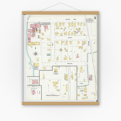 Old map wall art mockup — magnetic wood frame on white wall — Sanborn Fire Insurance Map from Clinton, Lenawee County, Michigan (1900), Sheet #0002