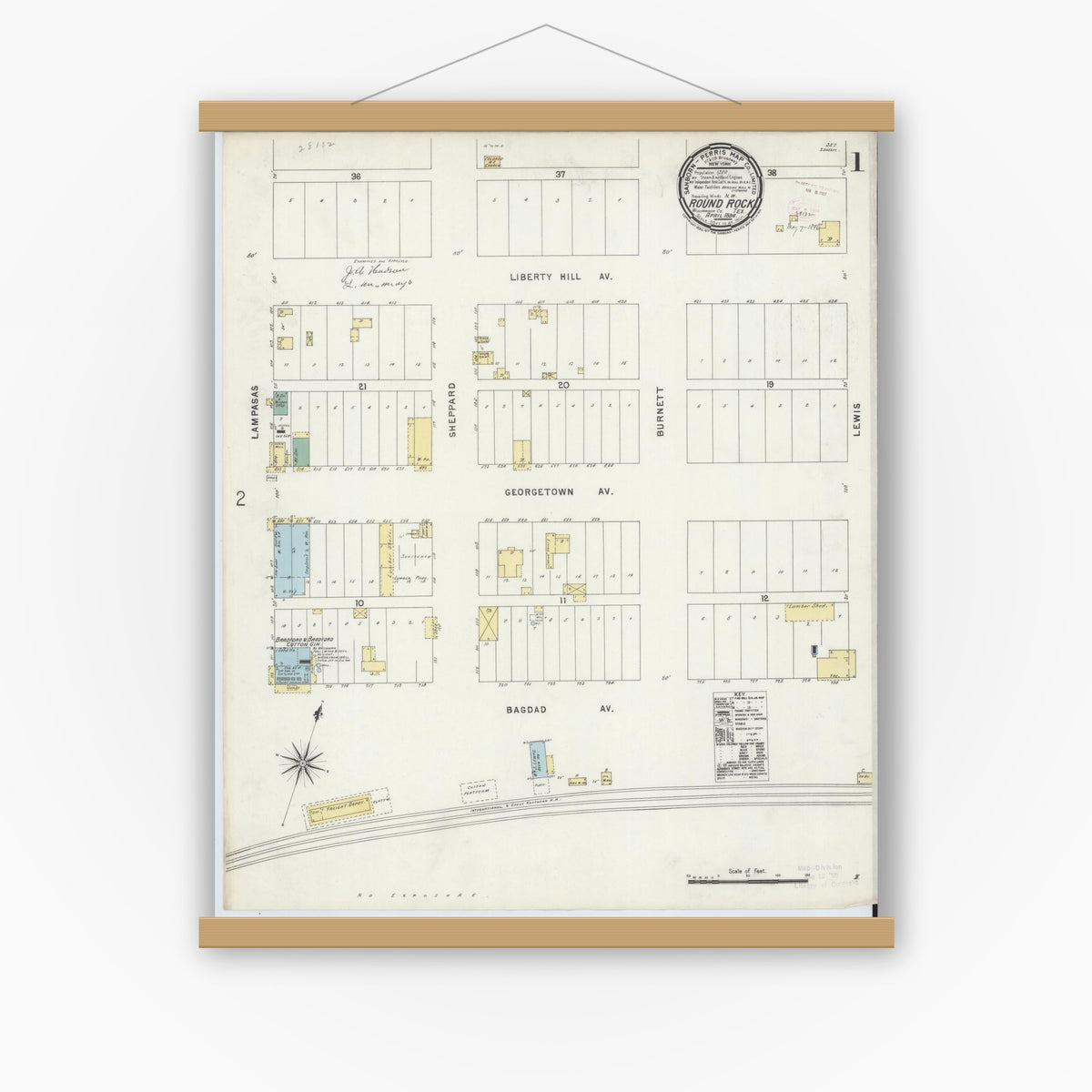 Old map wall art mockup — magnetic wood frame on white wall — Sanborn Fire Insurance Map from Round Rock, Williamson County, Texas (1896), Sheet #0001