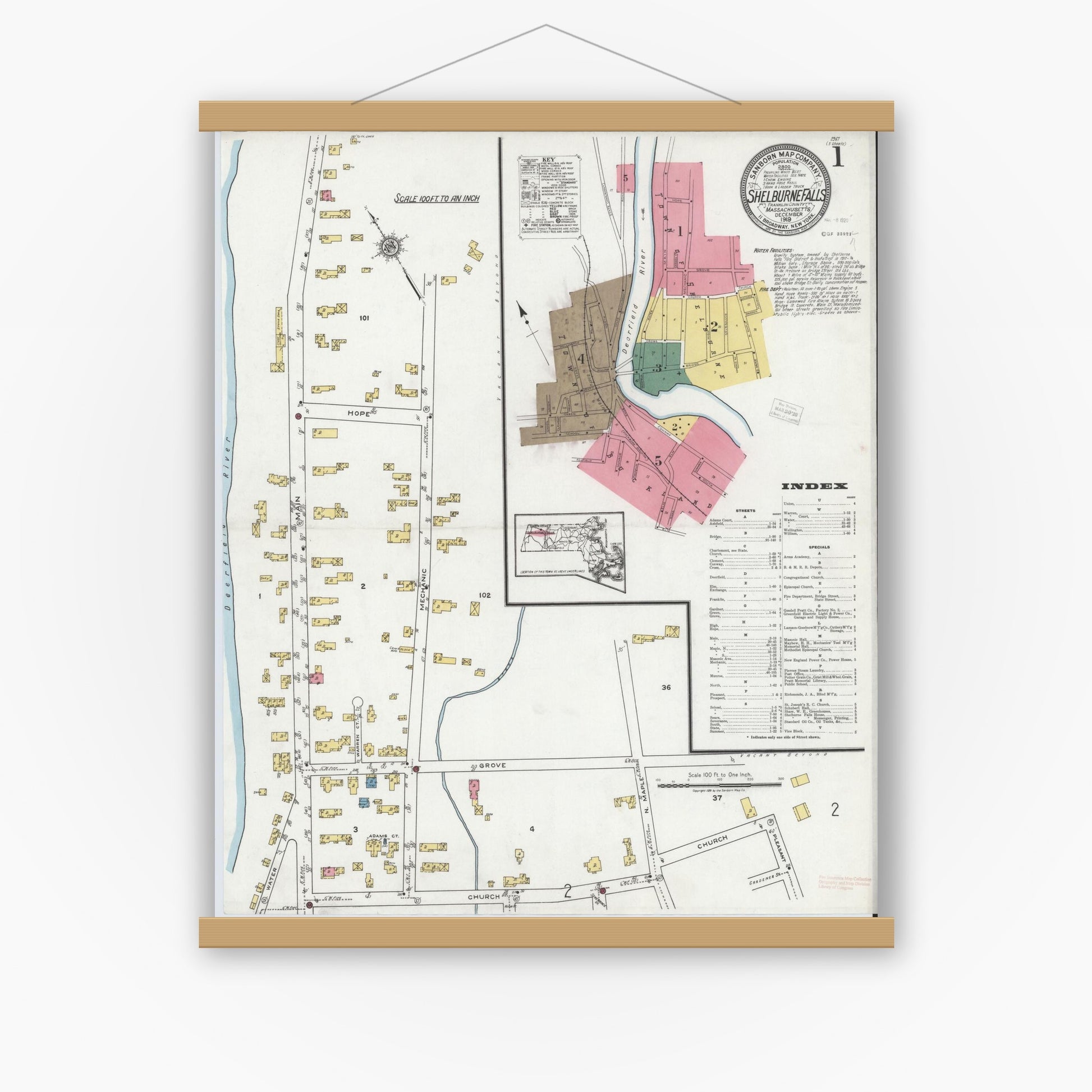 Old map wall art mockup — magnetic wood frame on white wall — Sanborn Fire Insurance Map from Shelburne Falls, Franklin County, Massachusetts (1919) - Complete Map Set