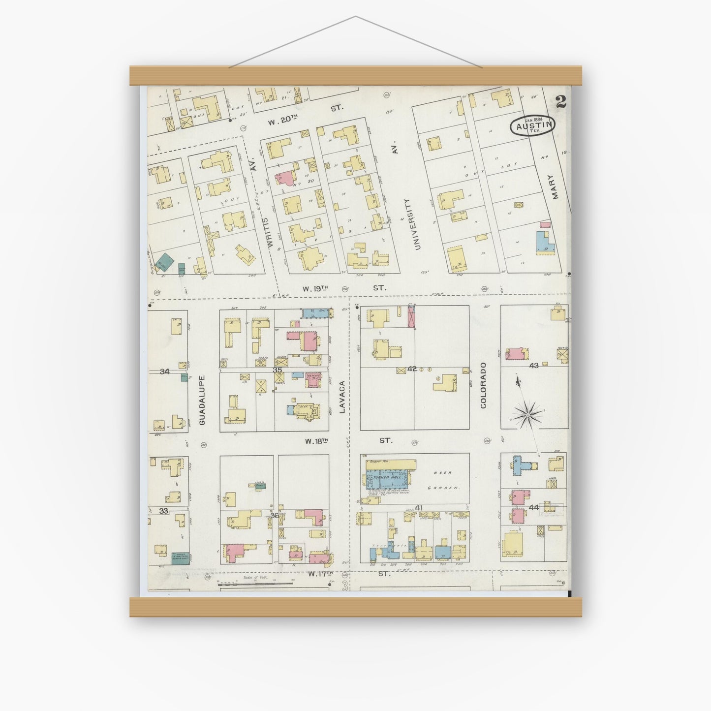 Old map wall art mockup — magnetic wood frame on white wall — Sanborn Fire Insurance Map from Austin, Travis County, Texas (1894), Sheet #0002