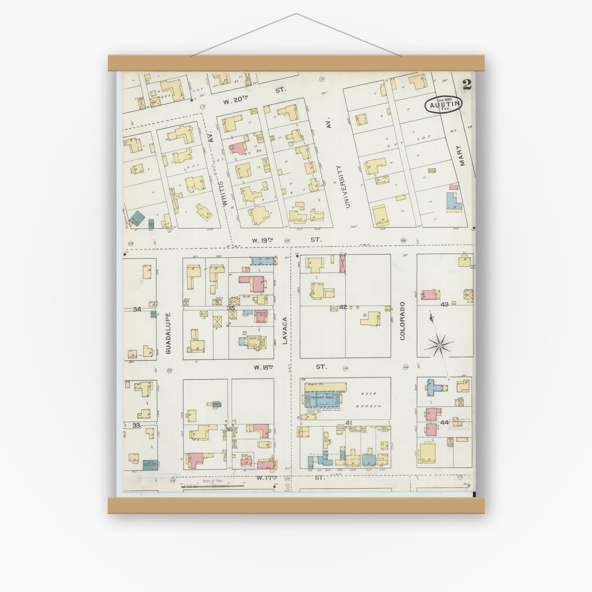 Old map wall art mockup — magnetic wood frame on white wall — Sanborn Fire Insurance Map from Austin, Travis County, Texas (1894), Sheet #0002