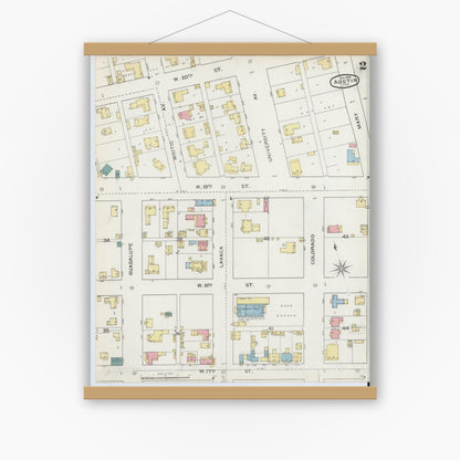 Old map wall art mockup — magnetic wood frame on white wall — Sanborn Fire Insurance Map from Austin, Travis County, Texas (1894), Sheet #0002