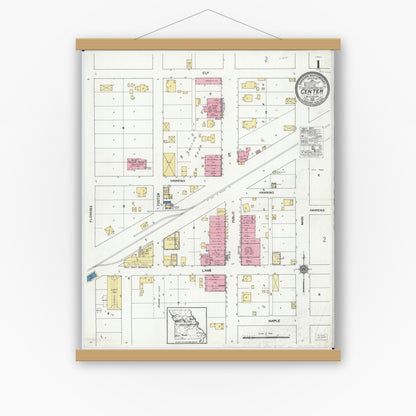 Old map wall art mockup — magnetic wood frame on white wall — Sanborn Fire Insurance Map from Center, Ralls County, Missouri (1921) - Complete Map Set
