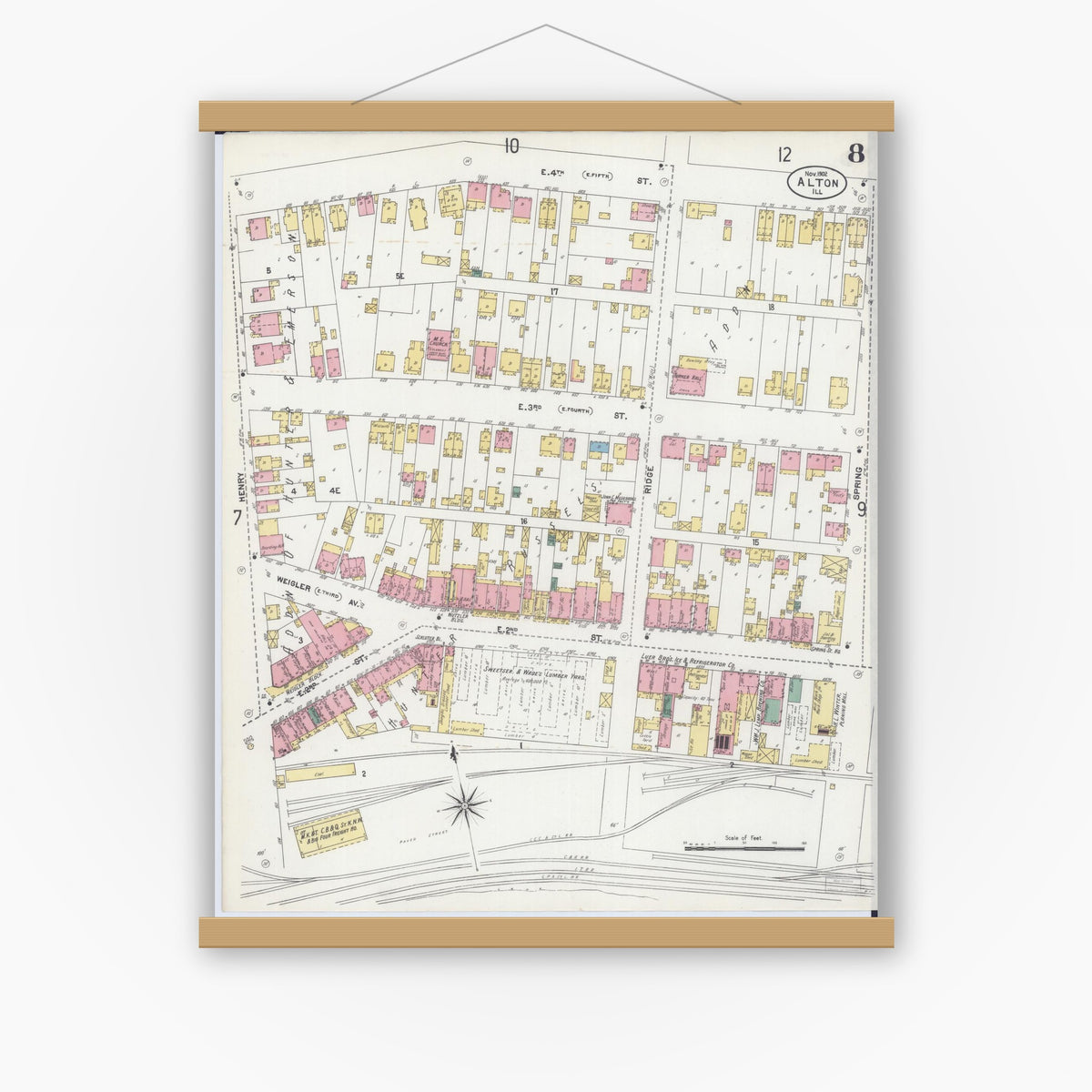 Old map wall art mockup — magnetic wood frame on white wall — Sanborn Fire Insurance Map from Alton, Madison County, Illinois (1902), Sheet #0008