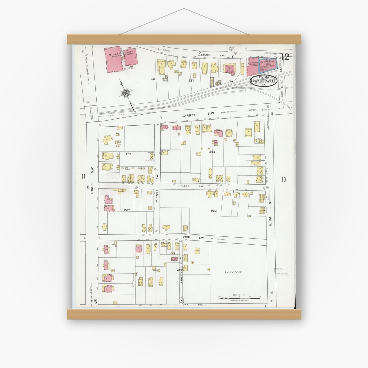 Old map wall art mockup — magnetic wood frame on white wall — Sanborn Fire Insurance Map from Charlottesville, Independent Cities, Virginia (1920), Sheet #0012
