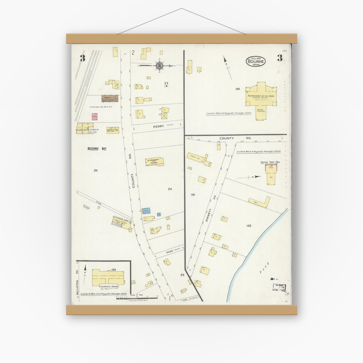 Old map wall art mockup — magnetic wood frame on white wall — Sanborn Fire Insurance Map from Bourne, Barnstable County, Massachusetts (1924), Sheet #0003