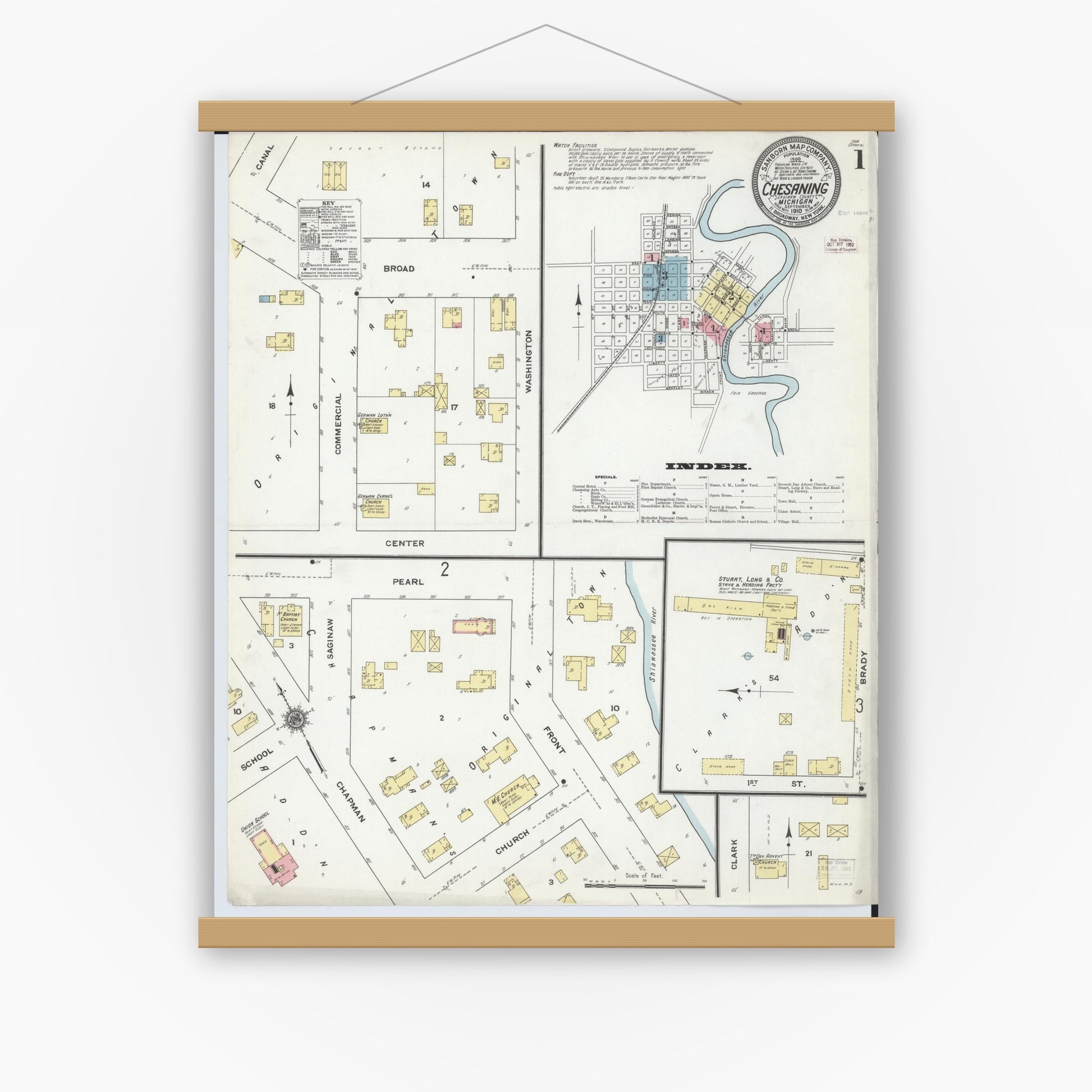Old map wall art mockup — magnetic wood frame on white wall — Sanborn Fire Insurance Map from Chesaning, Saginaw County, Michigan (1910) - Complete Map Set