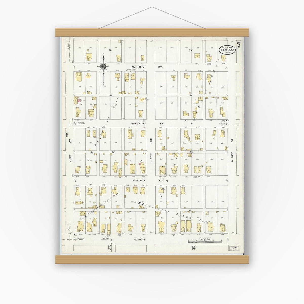 Old map wall art mockup — magnetic wood frame on white wall — Sanborn Fire Insurance Map from Elwood, Madison County, Indiana (1910), Sheet #0007