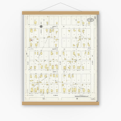 Old map wall art mockup — magnetic wood frame on white wall — Sanborn Fire Insurance Map from Elwood, Madison County, Indiana (1910), Sheet #0007