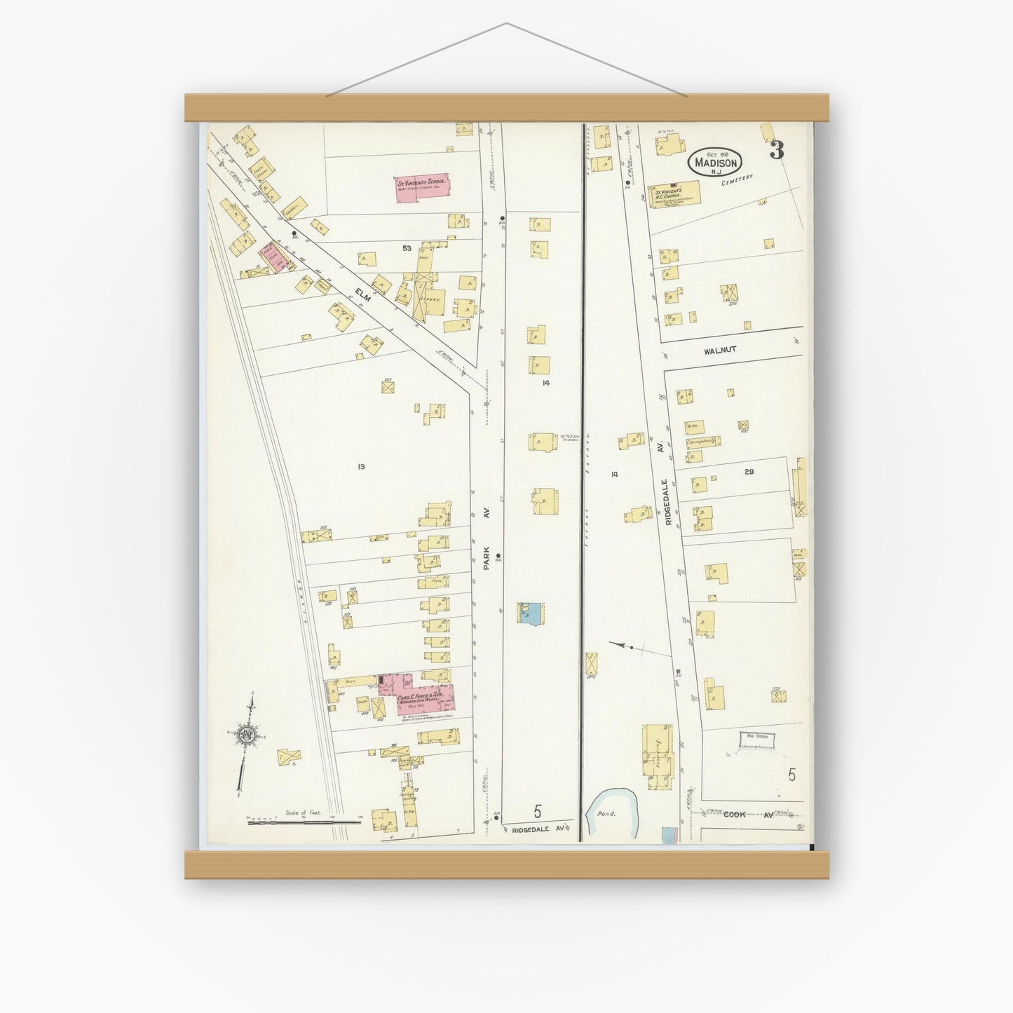 Old map wall art mockup — magnetic wood frame on white wall — Sanborn Fire Insurance Map from Madison, Morris County, New Jersey (1912), Sheet #0003
