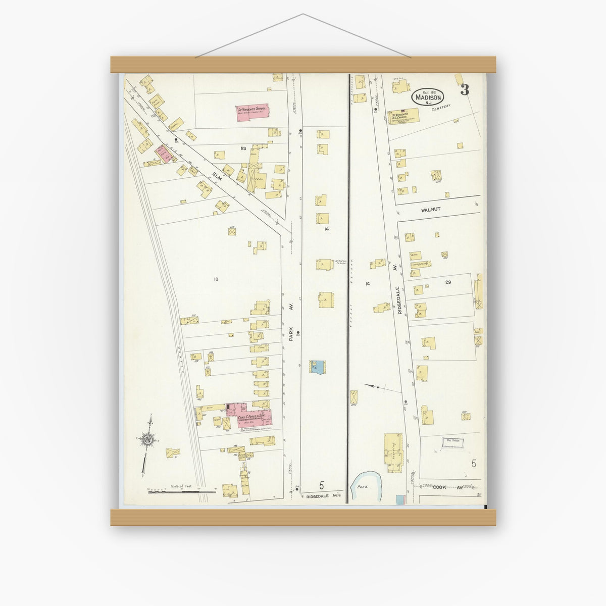 Old map wall art mockup — magnetic wood frame on white wall — Sanborn Fire Insurance Map from Madison, Morris County, New Jersey (1912), Sheet #0003