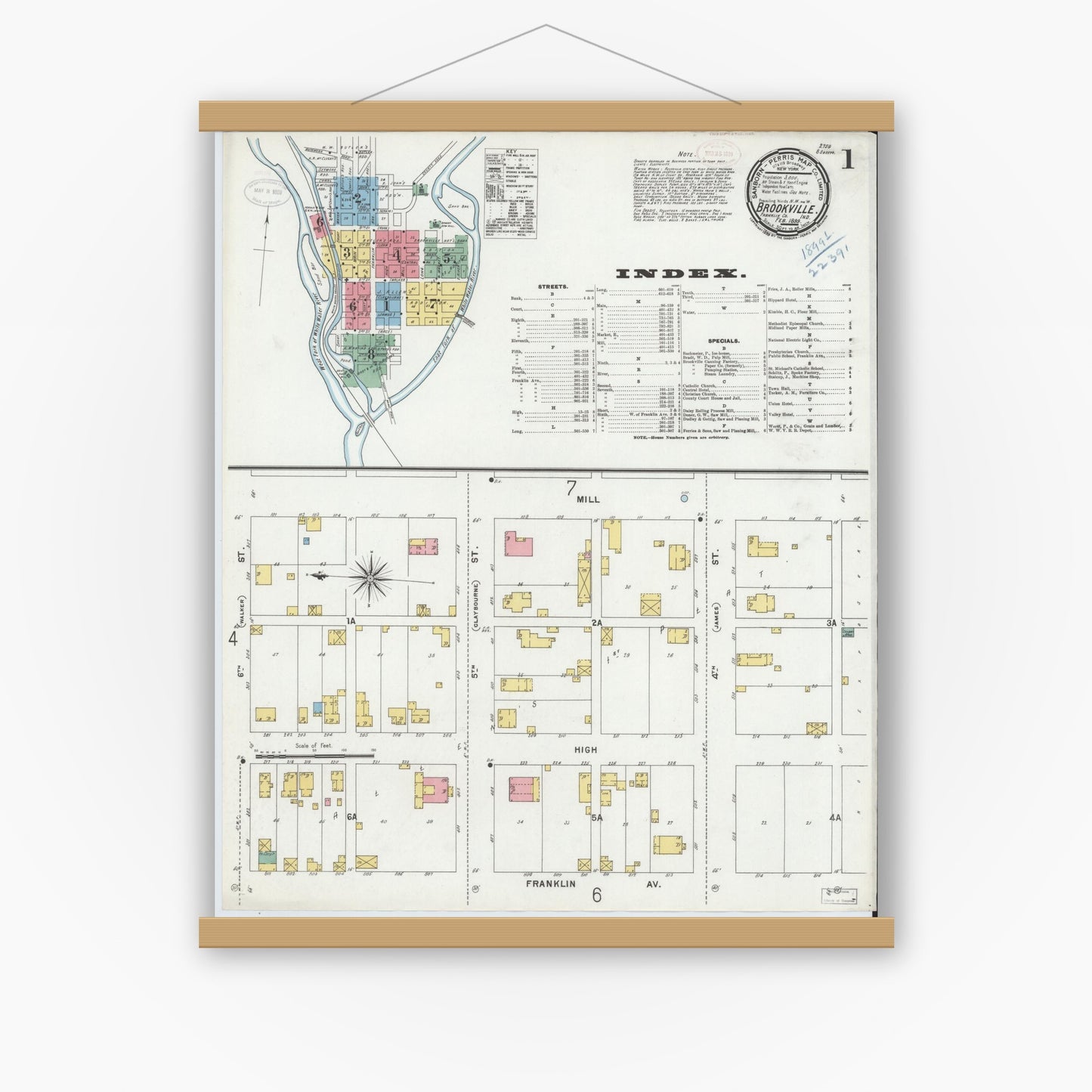 Old map wall art mockup — magnetic wood frame on white wall — Sanborn Fire Insurance Map from Brookville, Franklin County, Indiana (1899) - Complete Map Set