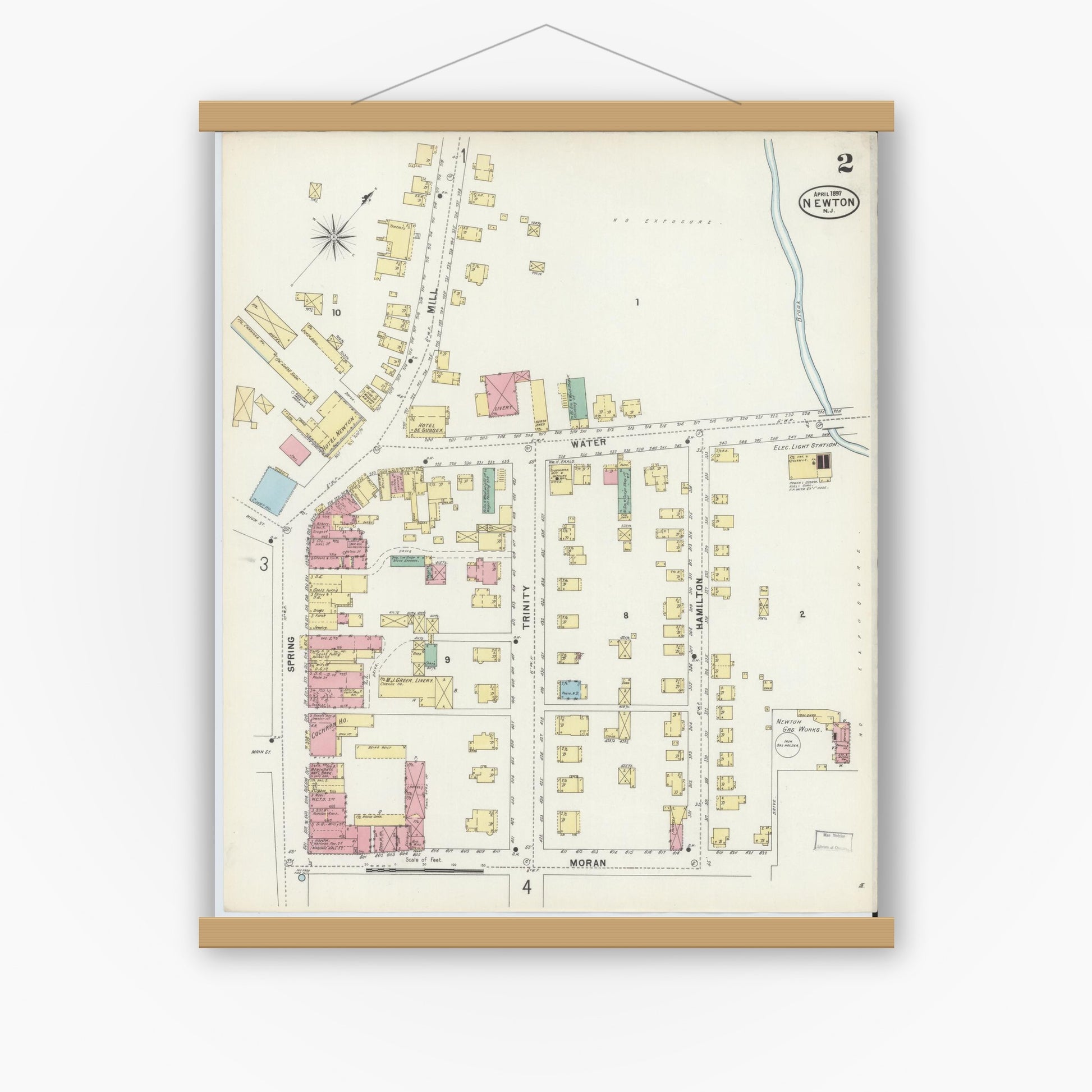 Old map wall art mockup — magnetic wood frame on white wall — Sanborn Fire Insurance Map from Newton, Sussex County, New Jersey (1897), Sheet #0002