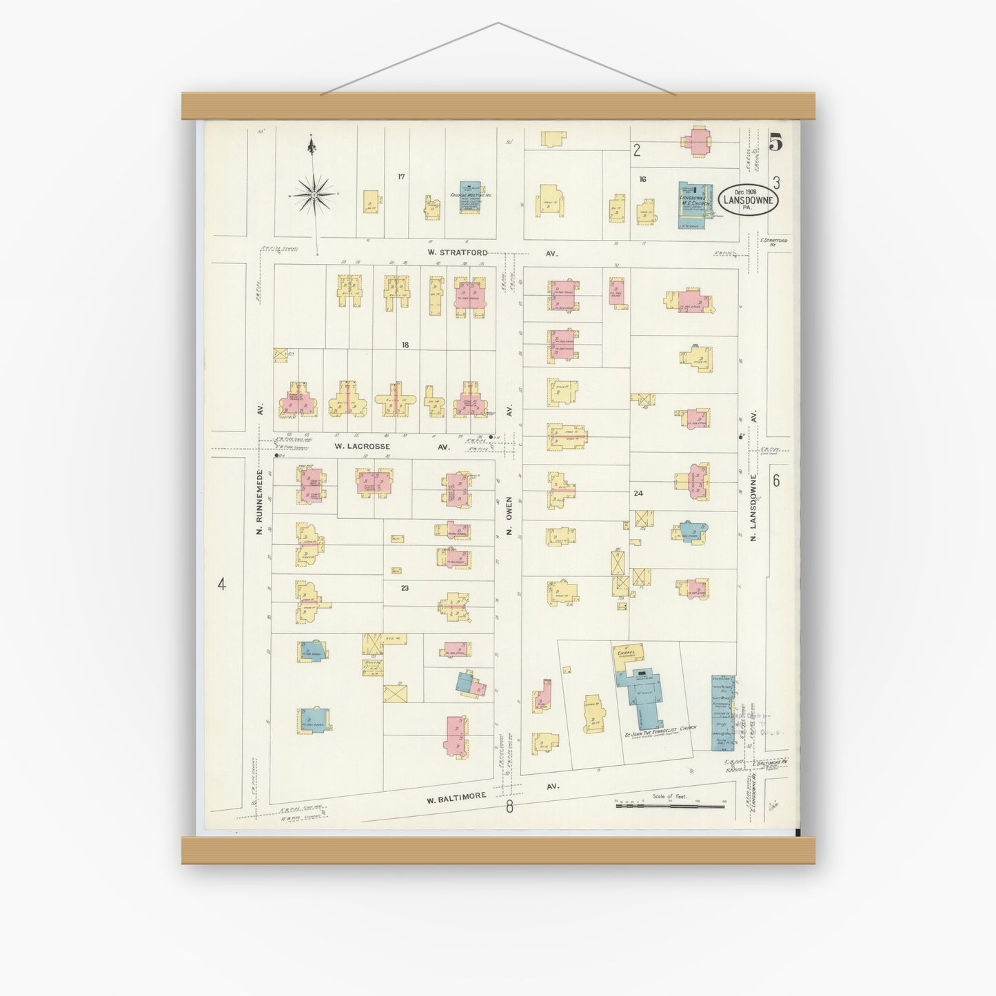 Old map wall art mockup — magnetic wood frame on white wall — Sanborn Fire Insurance Map from Lansdowne, Delaware County, Pennsylvania (1908), Sheet #0005