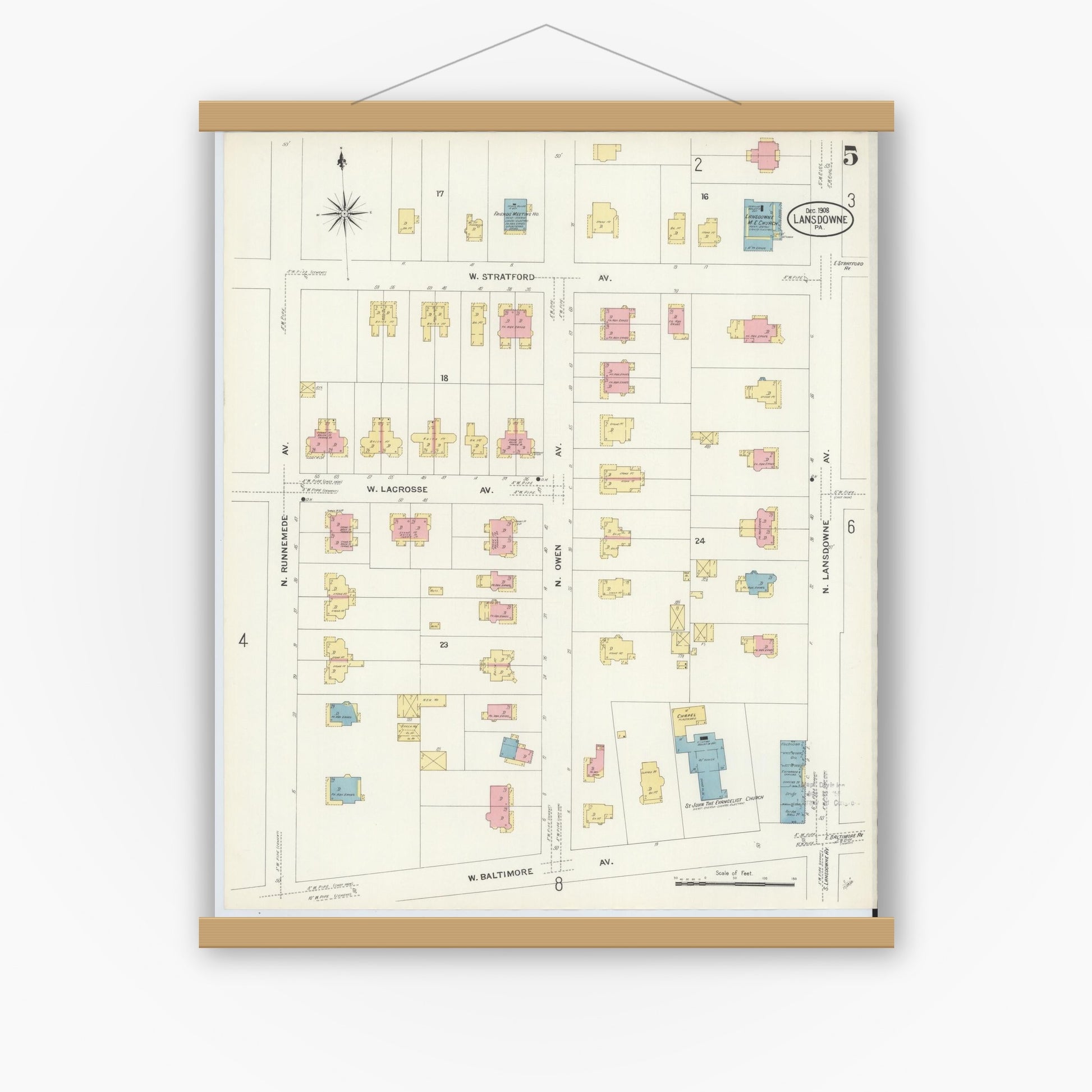 Old map wall art mockup — magnetic wood frame on white wall — Sanborn Fire Insurance Map from Lansdowne, Delaware County, Pennsylvania (1908), Sheet #0005