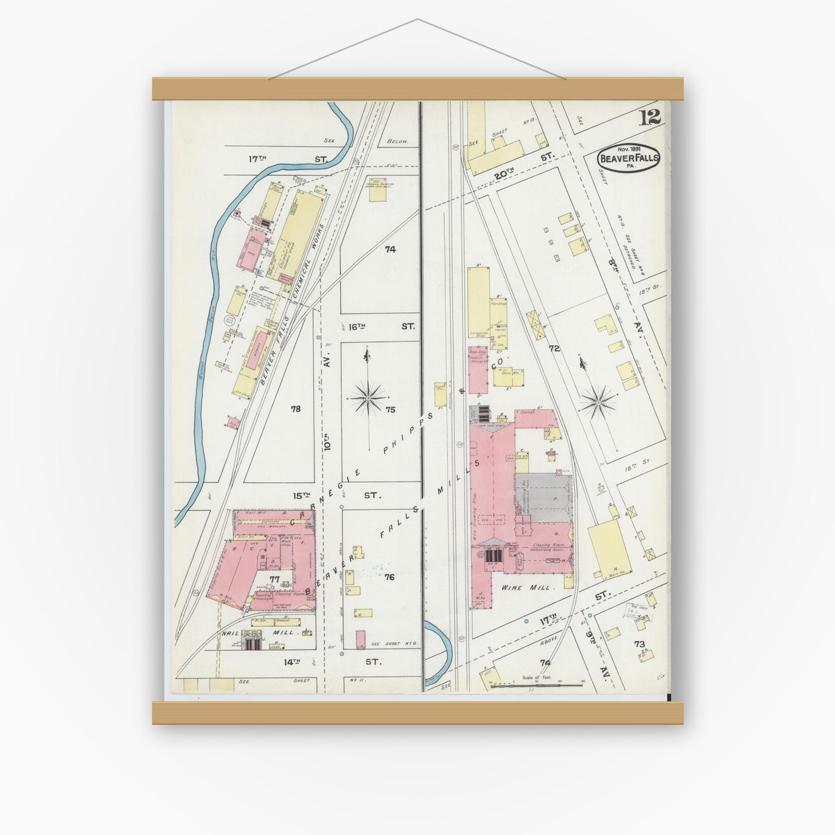 Old map wall art mockup — magnetic wood frame on white wall — Sanborn Fire Insurance Map from Beaver Falls, Beaver County, Pennsylvania (1891), Sheet #0012