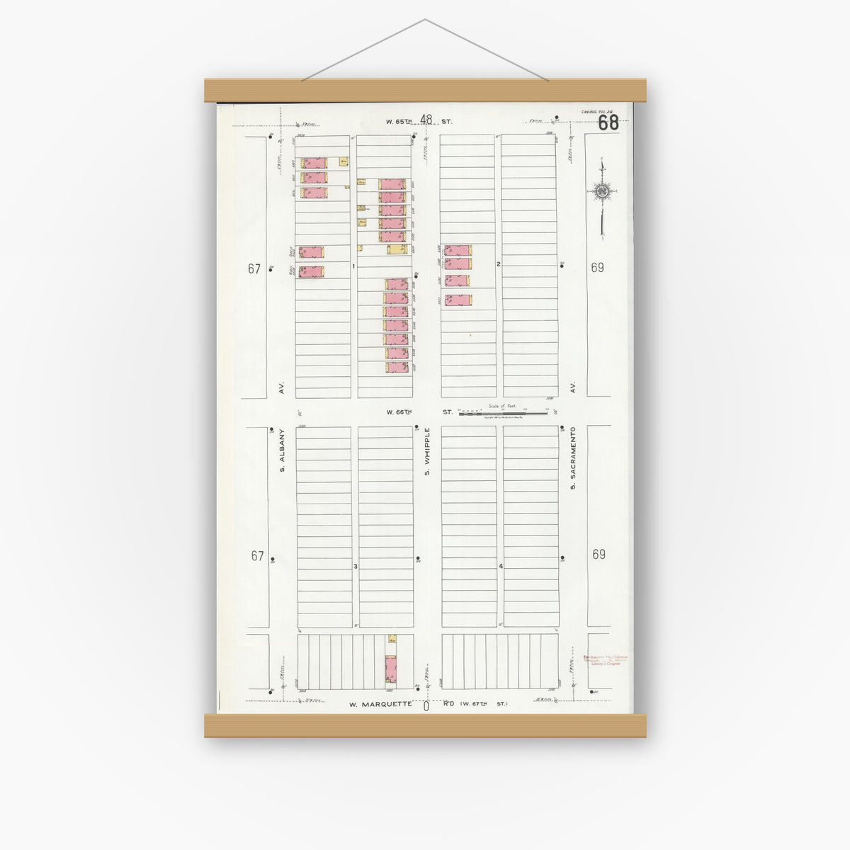 Old map wall art mockup — magnetic wood frame on white wall — Sanborn Fire Insurance Map from Chicago, Cook County, Illinois (1920), Sheet #0068