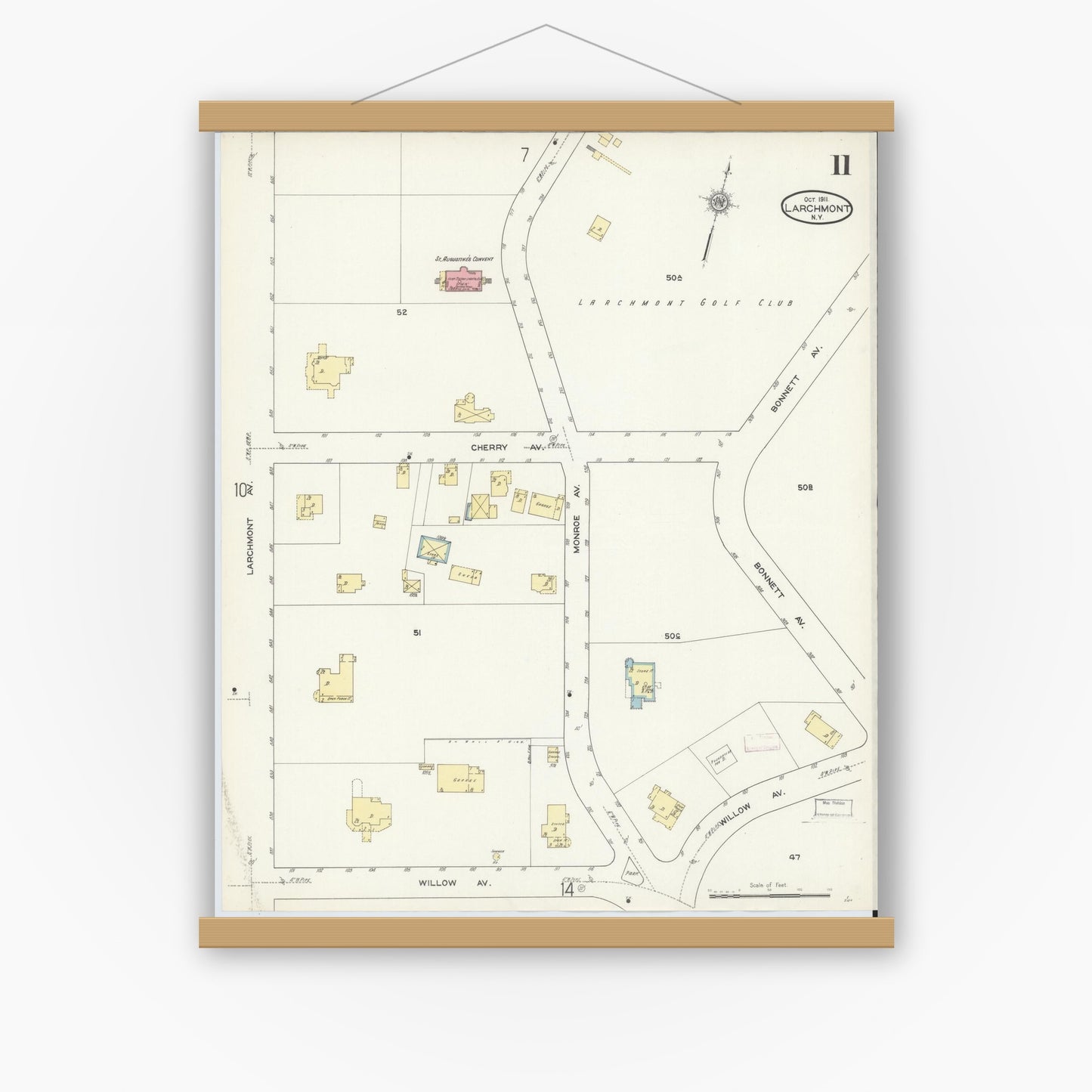 Old map wall art mockup — magnetic wood frame on white wall — Sanborn Fire Insurance Map from Larchmont, Westchester County, New York (1911), Sheet #0011