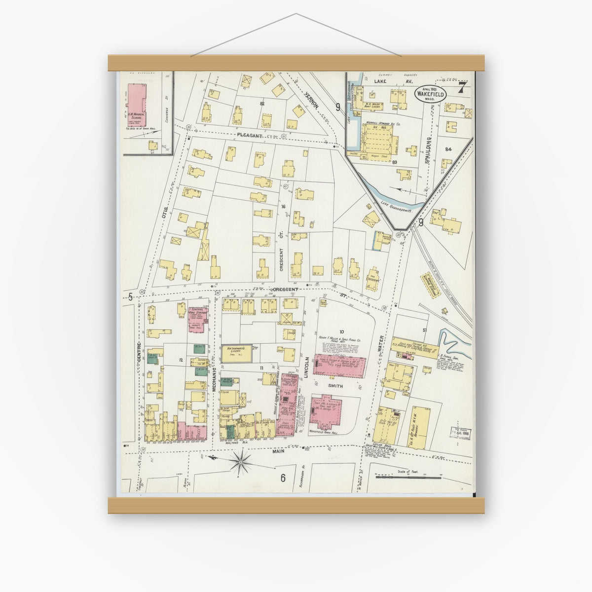 Old map wall art mockup — magnetic wood frame on white wall — Sanborn Fire Insurance Map from Wakefield, Middlesex County, Massachusetts (1903), Sheet #0007