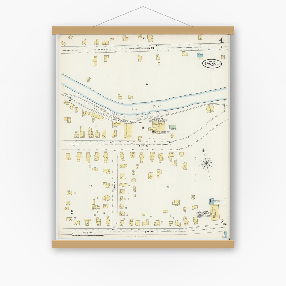 Old map wall art mockup — magnetic wood frame on white wall — Sanborn Fire Insurance Map from Brockport, Monroe County, New York (1898), Sheet #0004