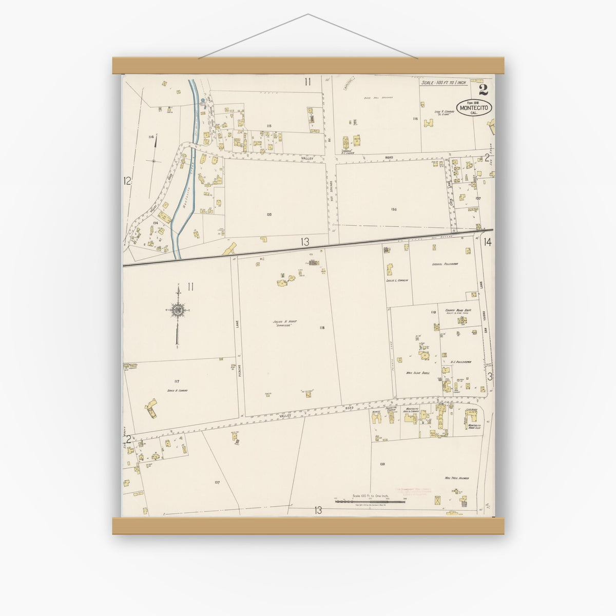 Old map wall art mockup — magnetic wood frame on white wall — Sanborn Fire Insurance Map from Montecito, Santa Barbara County, California (1918), Sheet #0002