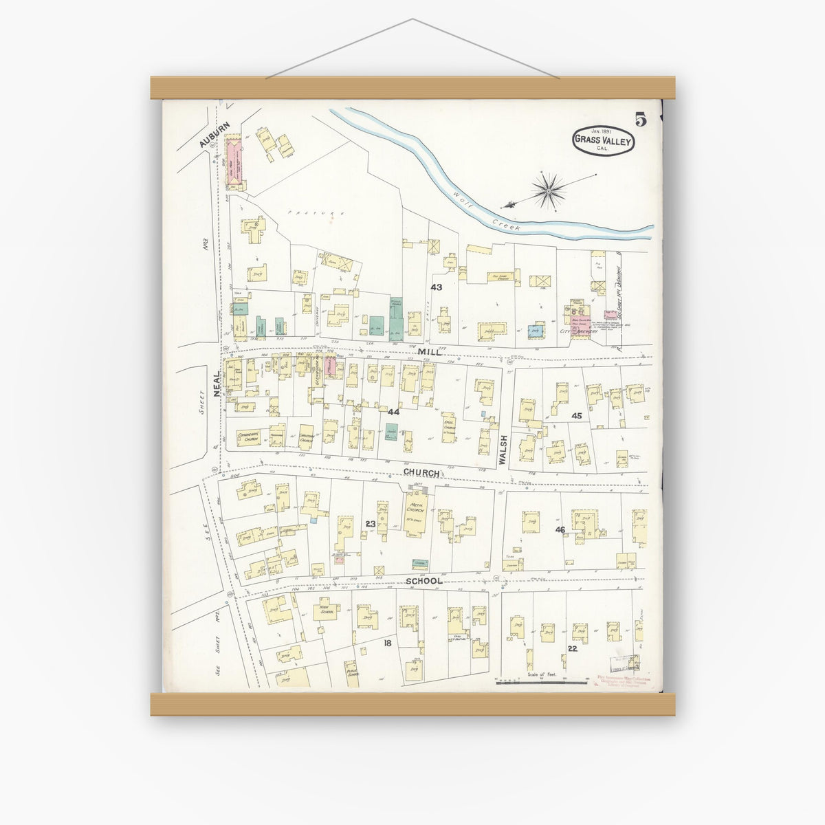 Old map wall art mockup — magnetic wood frame on white wall — Sanborn Fire Insurance Map from Grass Valley, Nevada County, California (1891), Sheet #0005