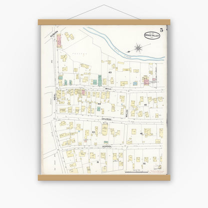 Old map wall art mockup — magnetic wood frame on white wall — Sanborn Fire Insurance Map from Grass Valley, Nevada County, California (1891), Sheet #0005