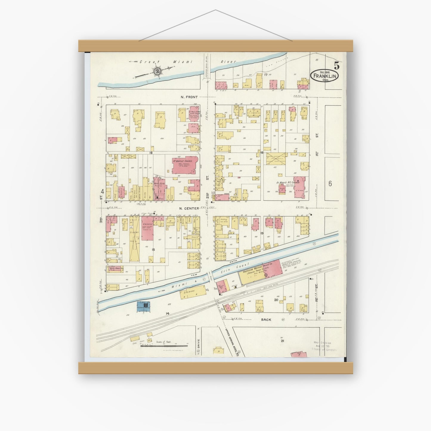 Old map wall art mockup — magnetic wood frame on white wall — Sanborn Fire Insurance Map from Franklin, Warren County, Ohio (1916), Sheet #0005
