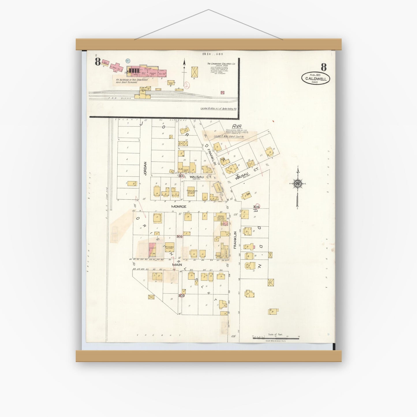 Old map wall art mockup — magnetic wood frame on white wall — Sanborn Fire Insurance Map from Caldwell, Noble County, Ohio (1932), Sheet #0008