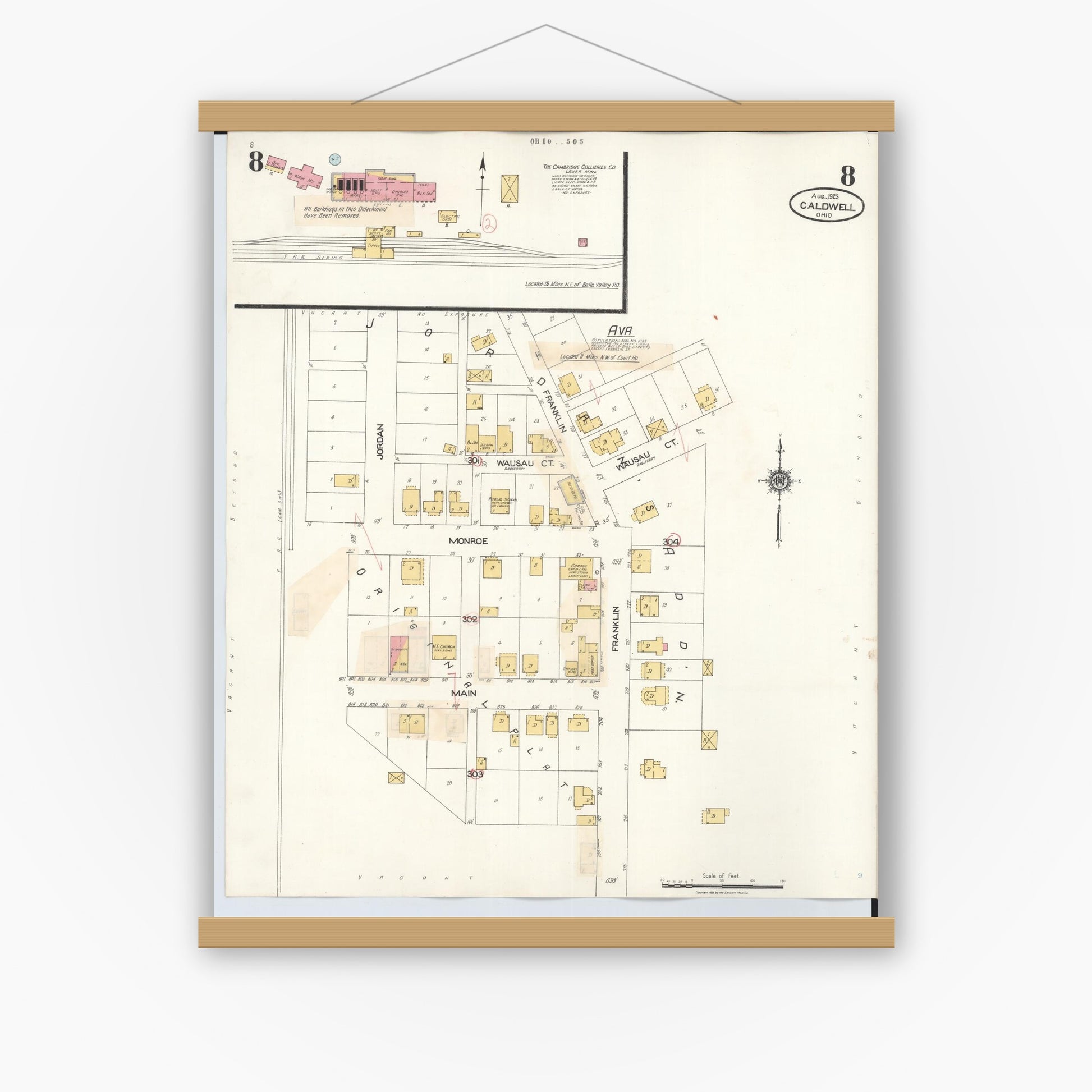 Old map wall art mockup — magnetic wood frame on white wall — Sanborn Fire Insurance Map from Caldwell, Noble County, Ohio (1932), Sheet #0008