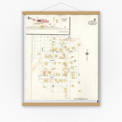 Old map wall art mockup — magnetic wood frame on white wall — Sanborn Fire Insurance Map from Caldwell, Noble County, Ohio (1932), Sheet #0008