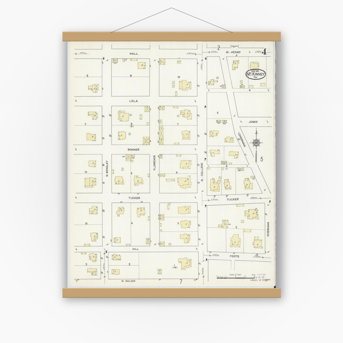 Old map wall art mockup — magnetic wood frame on white wall — Sanborn Fire Insurance Map from McKinney, Collin County, Texas (1914), Sheet #0004