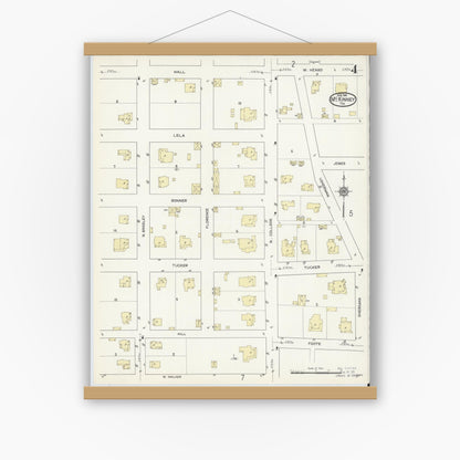 Old map wall art mockup — magnetic wood frame on white wall — Sanborn Fire Insurance Map from McKinney, Collin County, Texas (1914), Sheet #0004