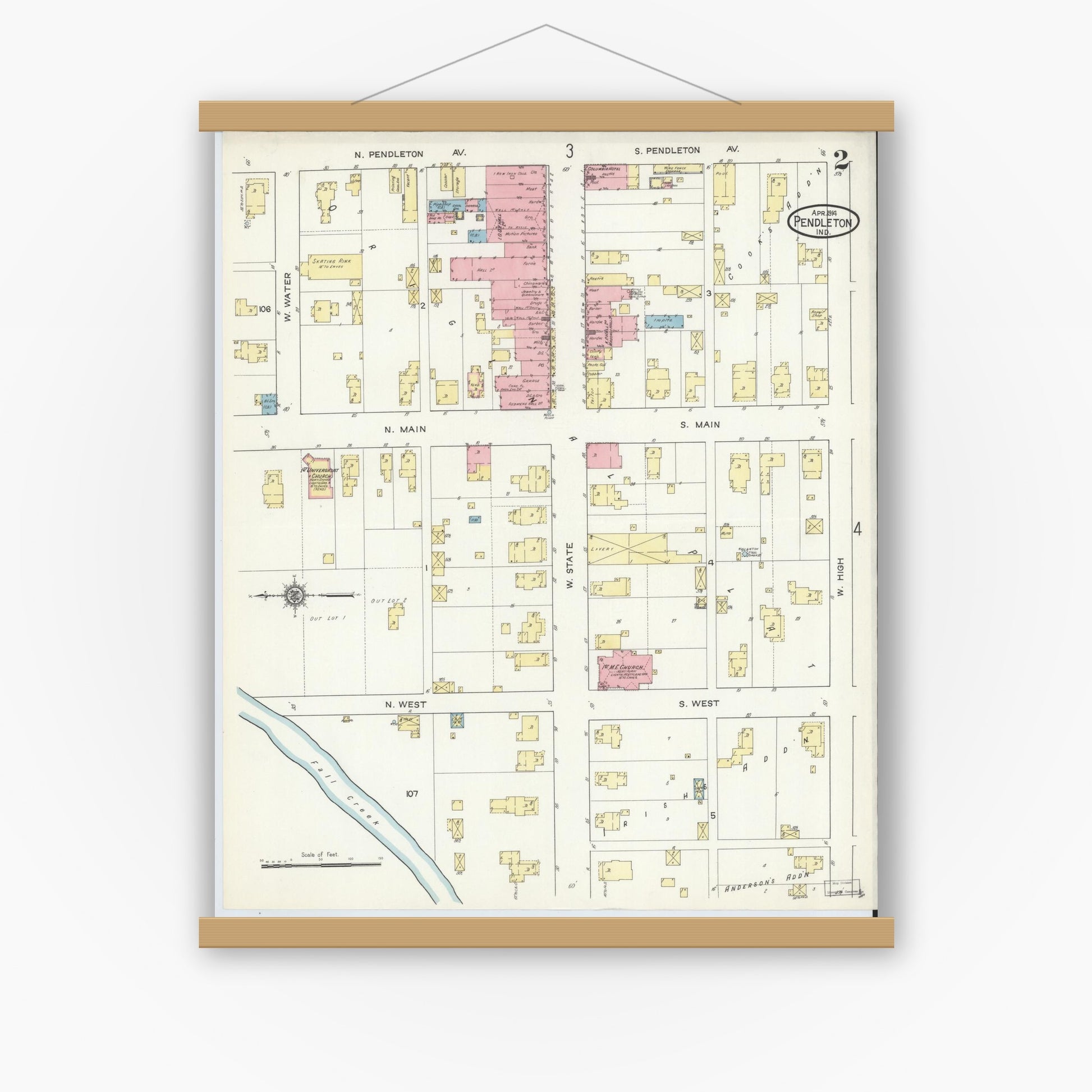 Old map wall art mockup — magnetic wood frame on white wall — Sanborn Fire Insurance Map from Pendleton, Madison County, Indiana (1914), Sheet #0002