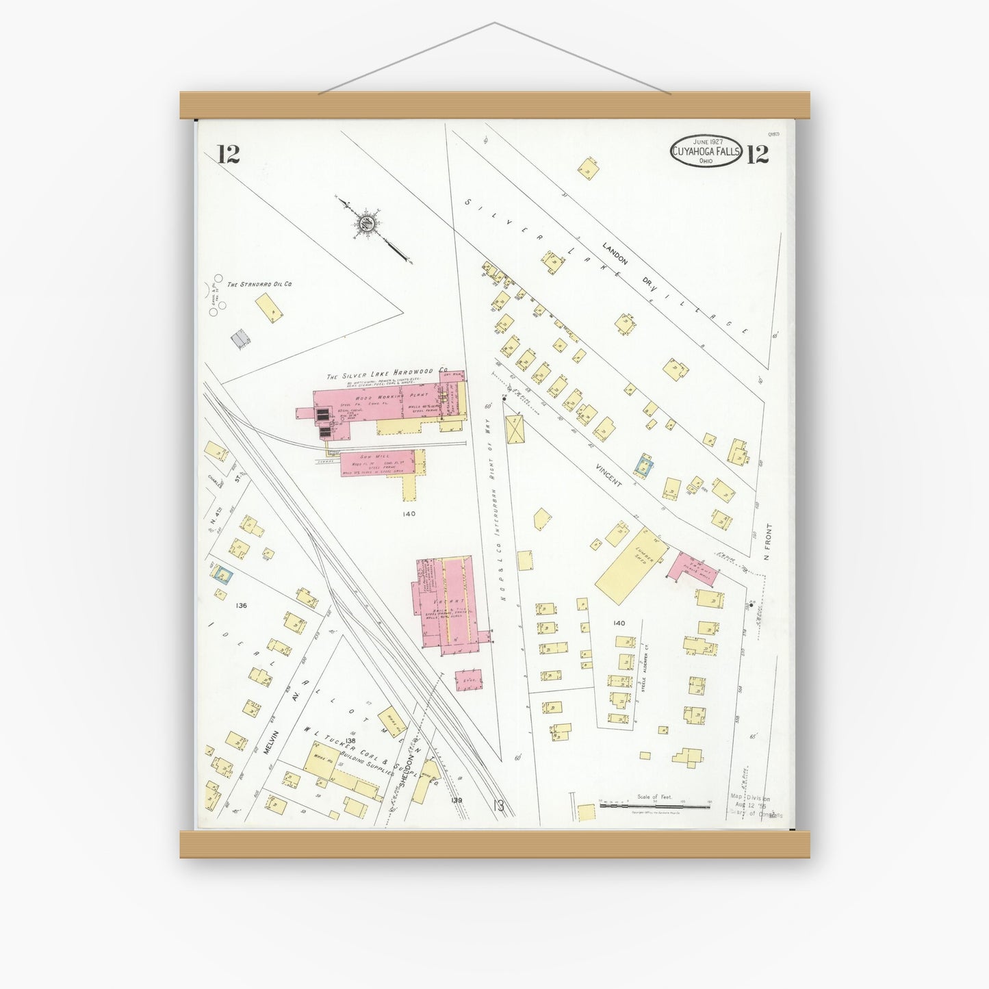 Old map wall art mockup — magnetic wood frame on white wall — Sanborn Fire Insurance Map from Cuyahoga Falls, Summit County, Ohio (1927), Sheet #0012