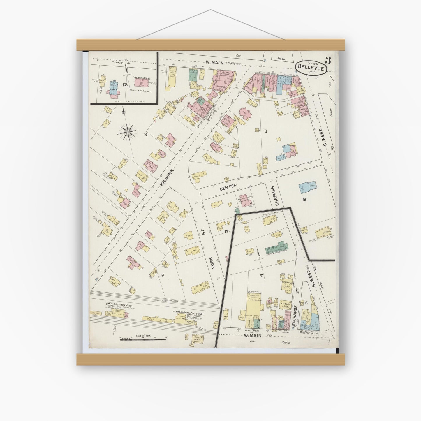 Old map wall art mockup — magnetic wood frame on white wall — Sanborn Fire Insurance Map from Bellevue, Huron And Sandusky County, Ohio (1887), Sheet #0003