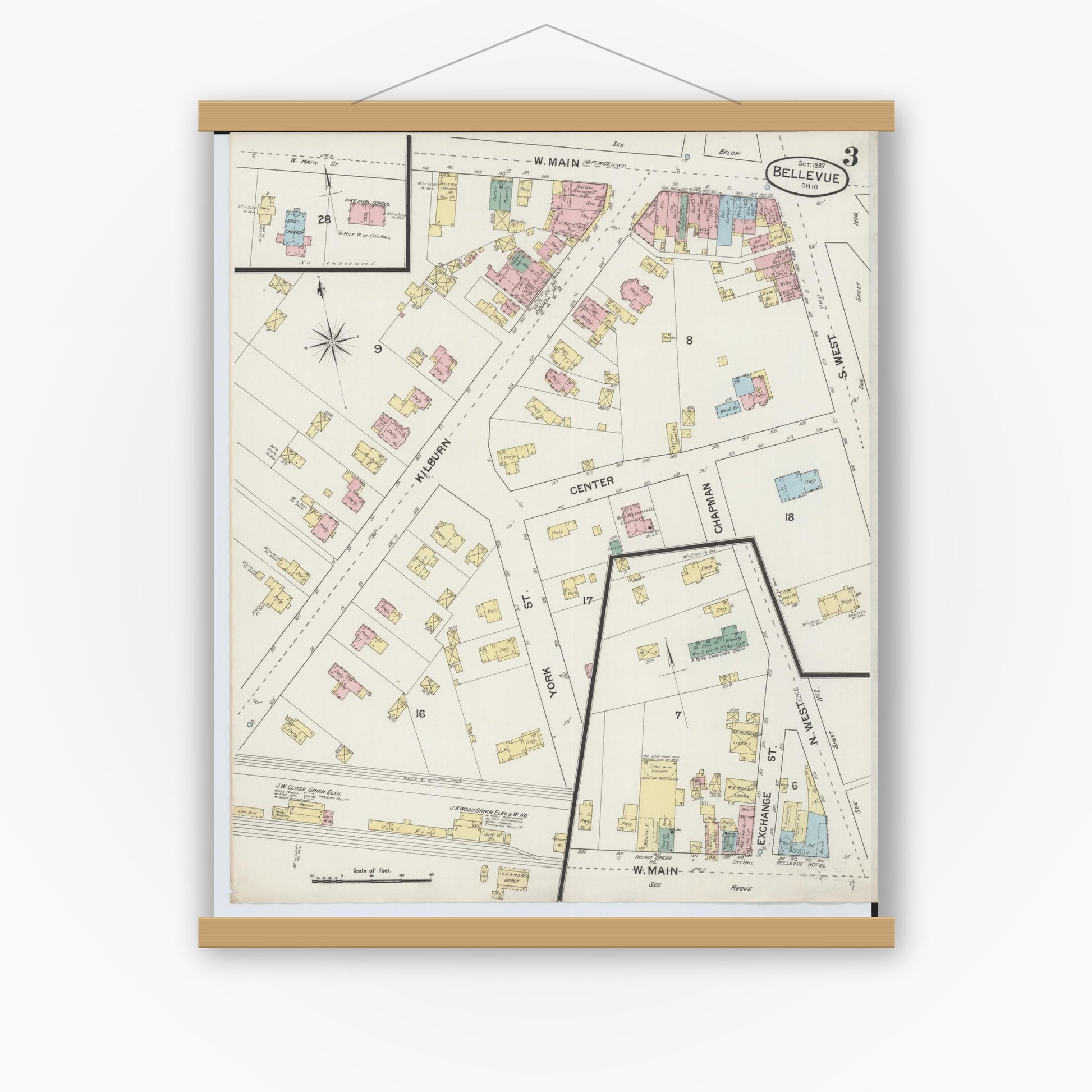 Old map wall art mockup — magnetic wood frame on white wall — Sanborn Fire Insurance Map from Bellevue, Huron And Sandusky County, Ohio (1887), Sheet #0003