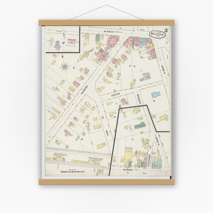 Old map wall art mockup — magnetic wood frame on white wall — Sanborn Fire Insurance Map from Bellevue, Huron And Sandusky County, Ohio (1887), Sheet #0003