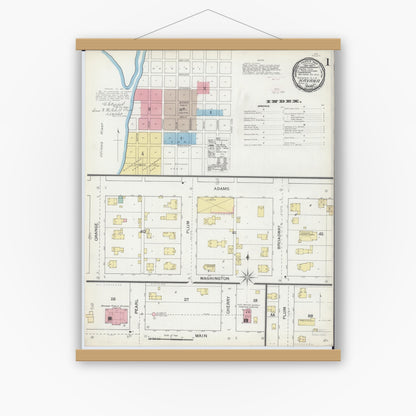 Old map wall art mockup — magnetic wood frame on white wall — Sanborn Fire Insurance Map from Havana, Mason County, Illinois (1892), Sheet #0001