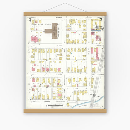 Old map wall art mockup — magnetic wood frame on white wall — Sanborn Fire Insurance Map from Uhrichsville, Tuscarawas County, Ohio (1923), Sheet #0003