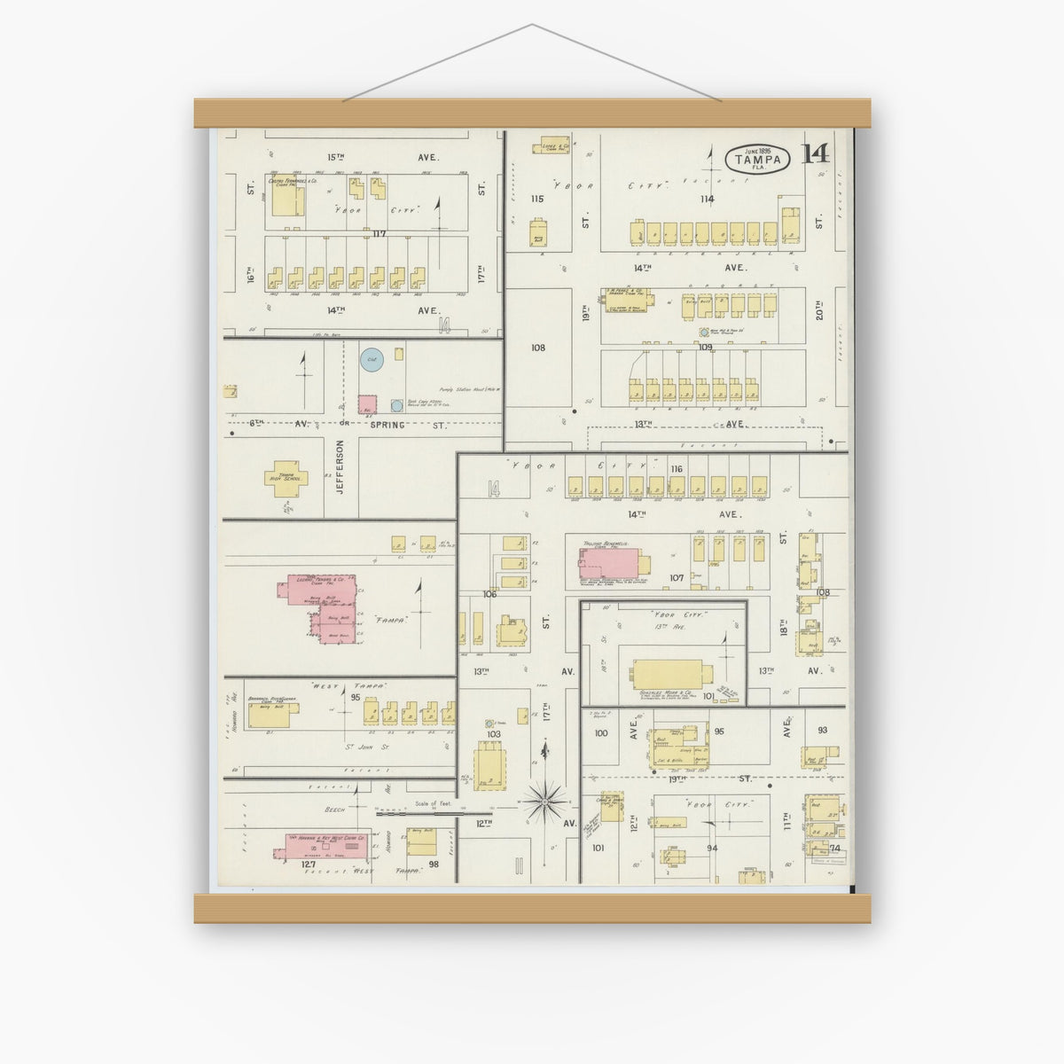Old map wall art mockup — magnetic wood frame on white wall — Sanborn Fire Insurance Map from Tampa, Hillsborough County, Florida (1895), Sheet #0018