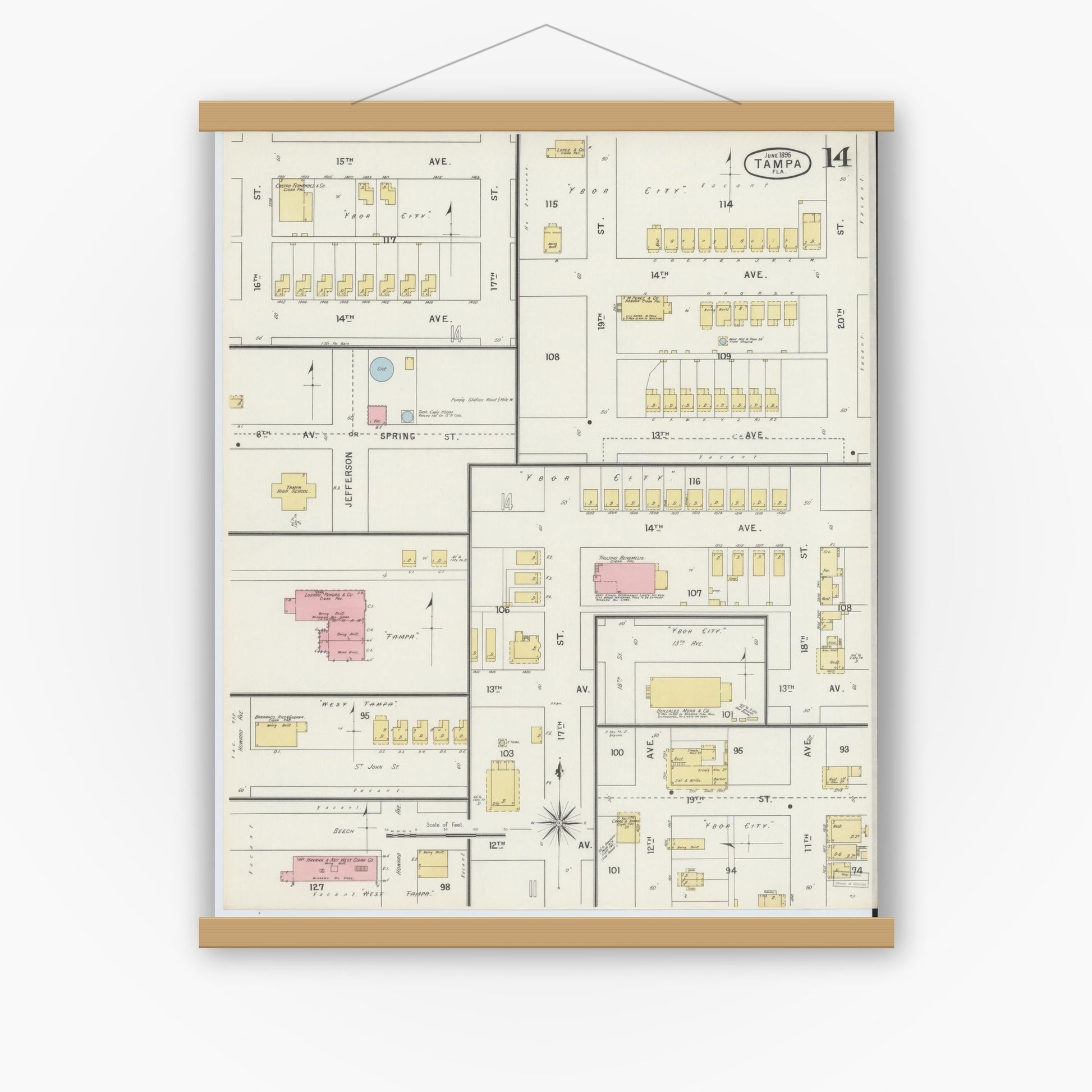 Old map wall art mockup — magnetic wood frame on white wall — Sanborn Fire Insurance Map from Tampa, Hillsborough County, Florida (1895), Sheet #0018