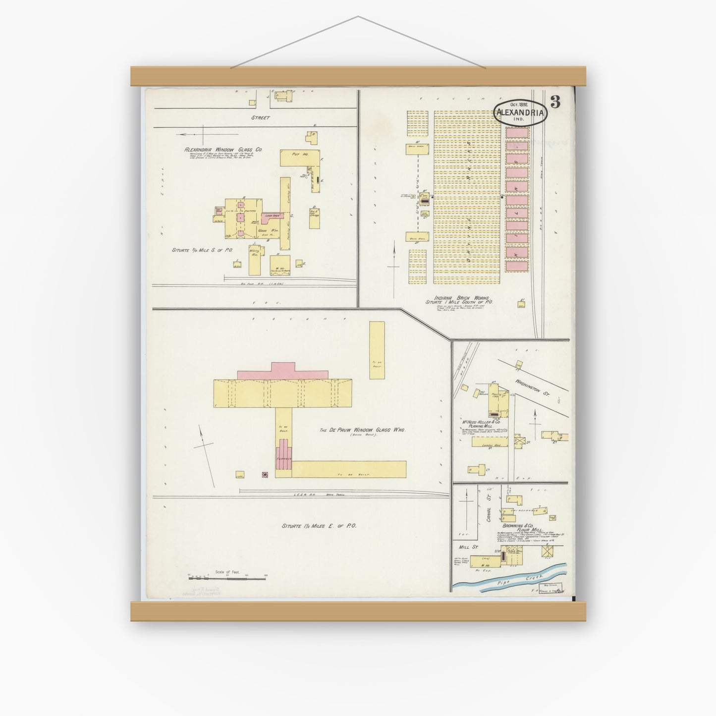 Old map wall art mockup — magnetic wood frame on white wall — Sanborn Fire Insurance Map from Alexandria, Madison County, Indiana (1892), Sheet #0003