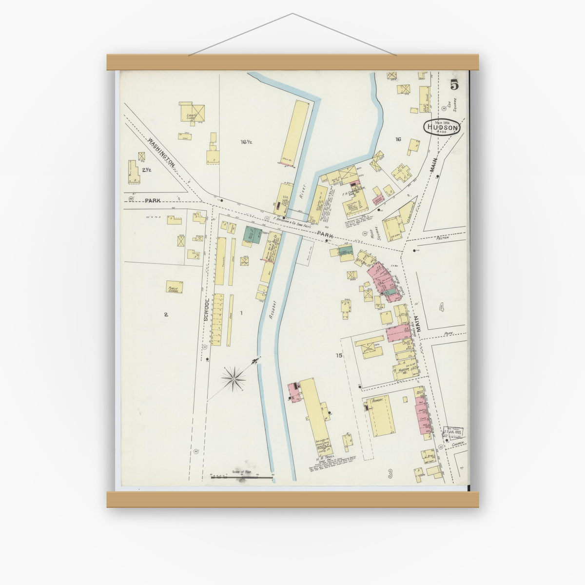 Old map wall art mockup — magnetic wood frame on white wall — Sanborn Fire Insurance Map from Hudson, Middlesex County, Massachusetts (1894), Sheet #0005