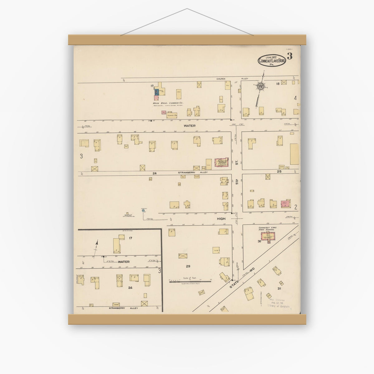 Old map wall art mockup — magnetic wood frame on white wall — Sanborn Fire Insurance Map from Conneaut Lake Borough, Crawford County, Pennsylvania (1922), Sheet #0003