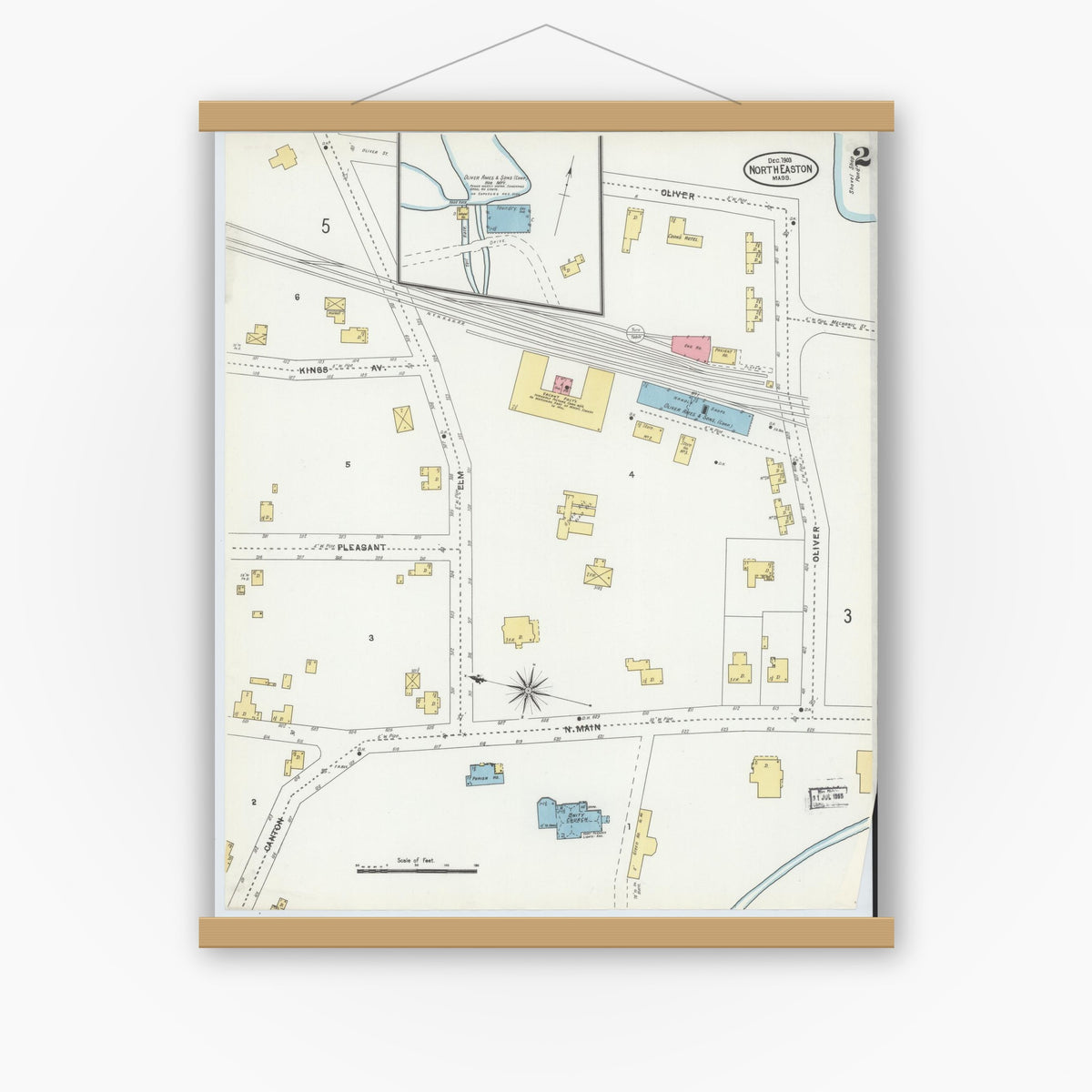 Old map wall art mockup — magnetic wood frame on white wall — Sanborn Fire Insurance Map from North Easton, Bristol County, Massachusetts (1903), Sheet #0002
