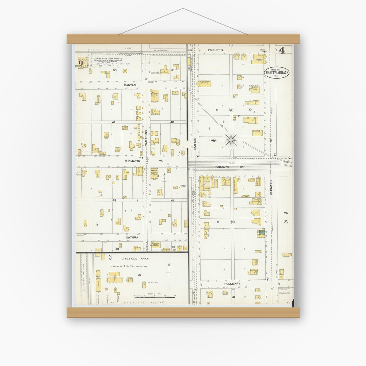 Old map wall art mockup — magnetic wood frame on white wall — Sanborn Fire Insurance Map from West Palm Beach, Dade County, Florida (1903), Sheet #0004