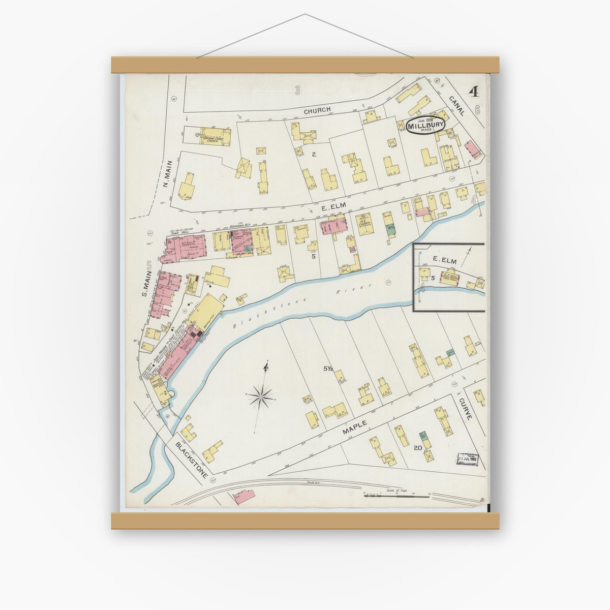 Old map wall art mockup — magnetic wood frame on white wall — Sanborn Fire Insurance Map from Millbury, Worcester County, Massachusetts (1894), Sheet #0004