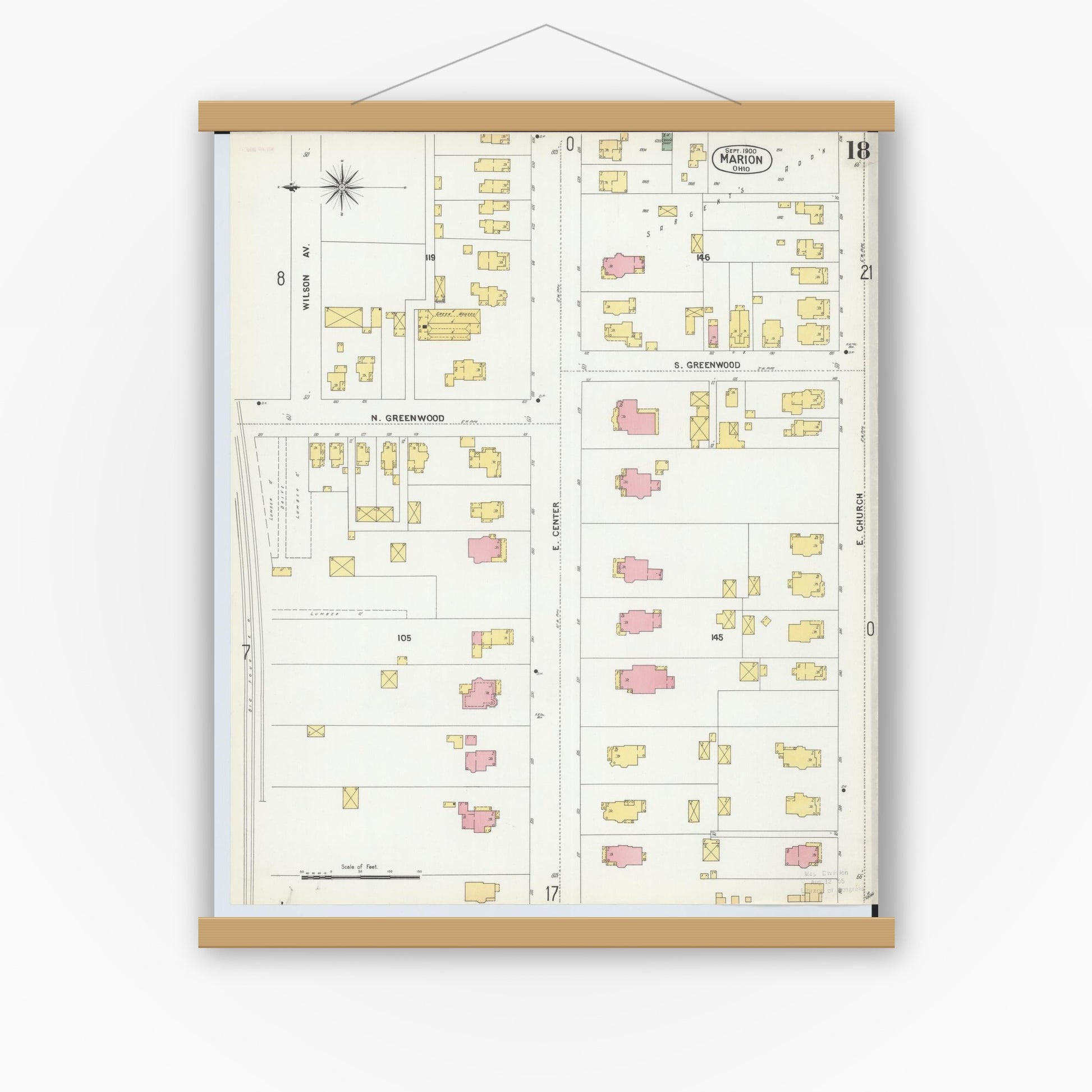 Old map wall art mockup — magnetic wood frame on white wall — Sanborn Fire Insurance Map from Marion, Marion County, Ohio (1900), Sheet #0018